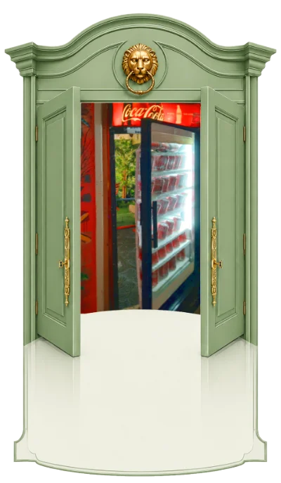 A secret door opening behind a Coke machine.
